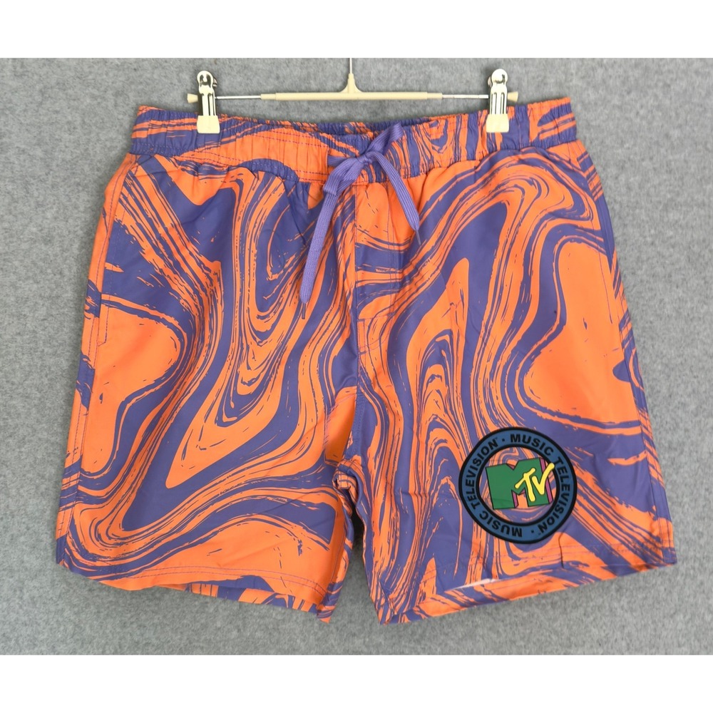 MTV Swim Trunks Men Large Orange Purple Marble Swirl Logo Retro Board Shorts NEW